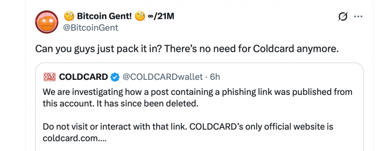 
			Аккаунт Coldcard X взломали фишингом после скандала на $100 млн		